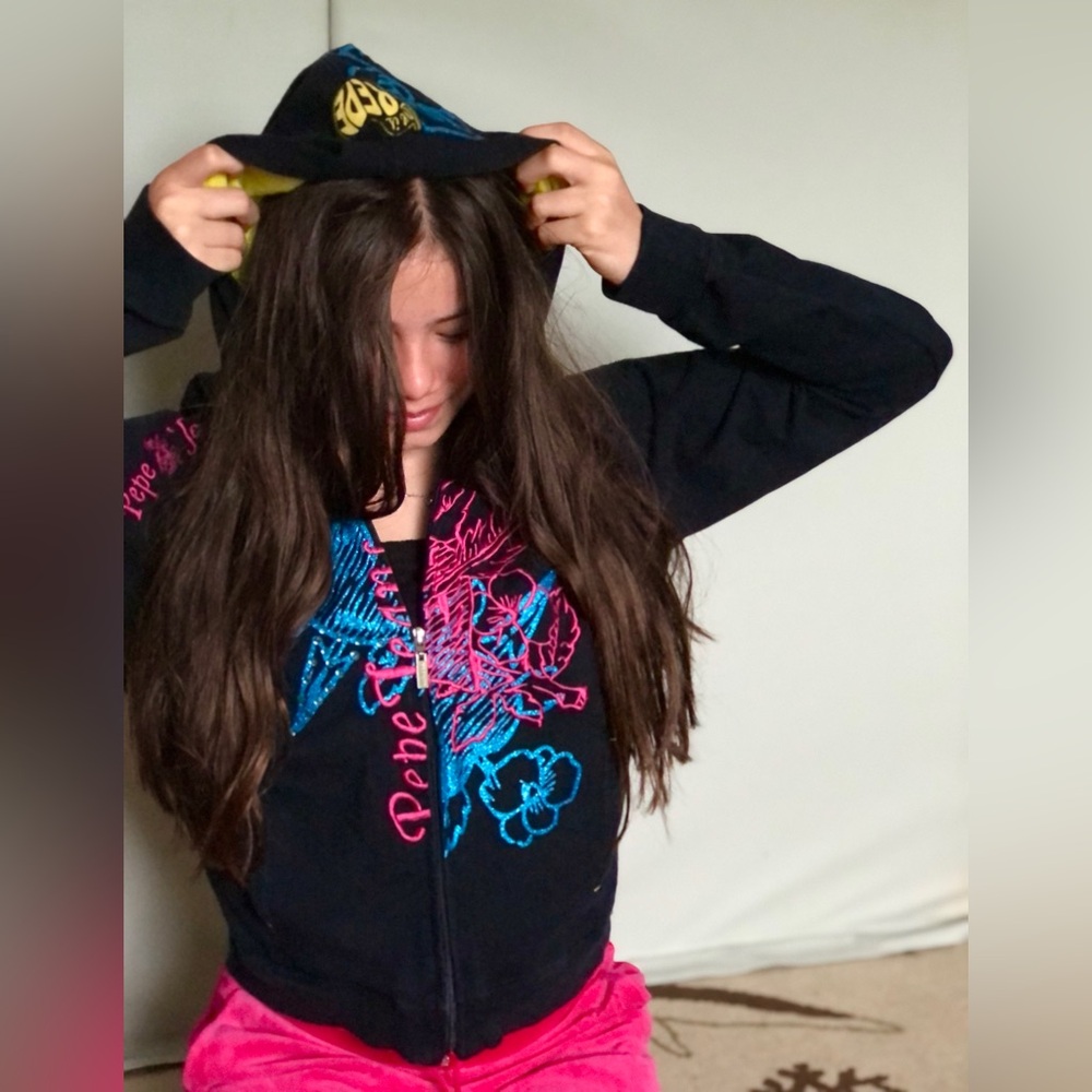 Rare Pepe Jeans London Y2K zip up hoodie Glitter Embroidery